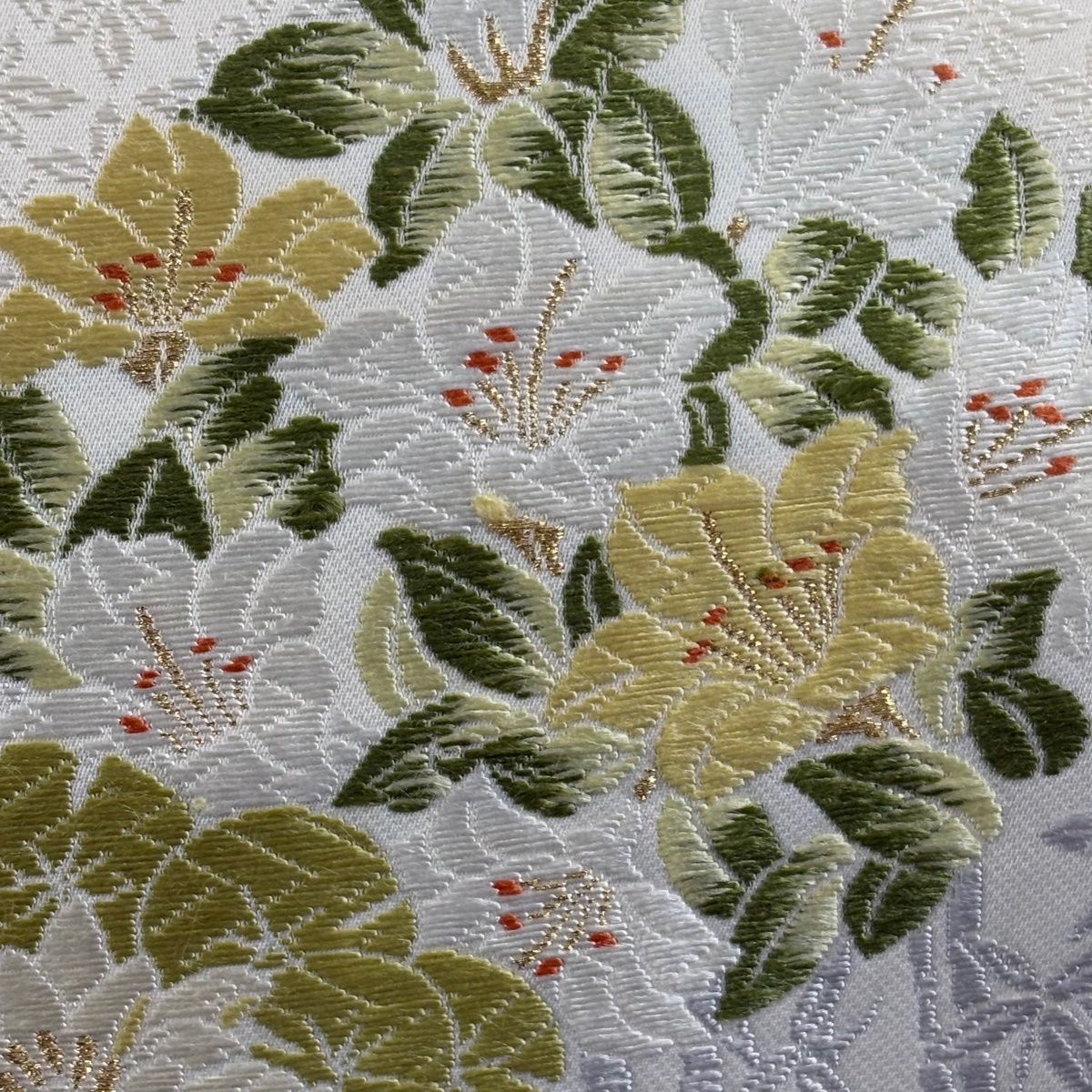 袋帯 枝花 雪輪 唐織 金糸 クリーム 六通 正絹