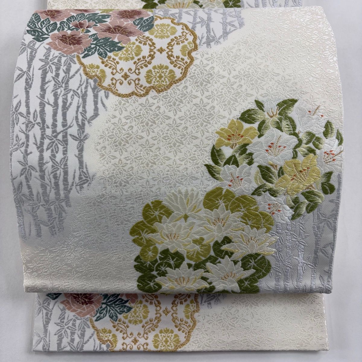 袋帯 枝花 雪輪 唐織 金糸 クリーム 六通 正絹