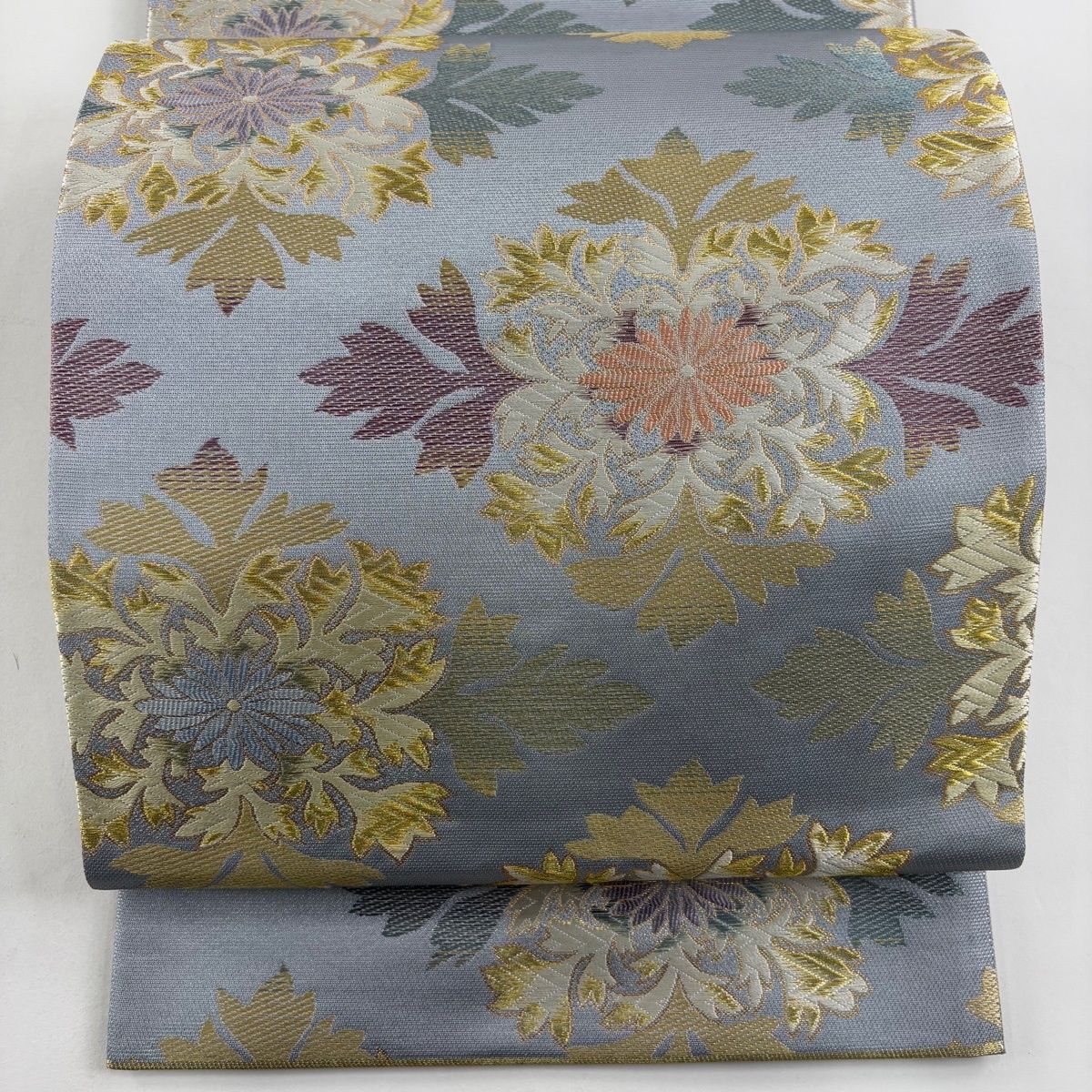 美品】 袋帯 逸品 となみ織物 落款 関西仕立て 華文 箔 唐織 灰色 六通