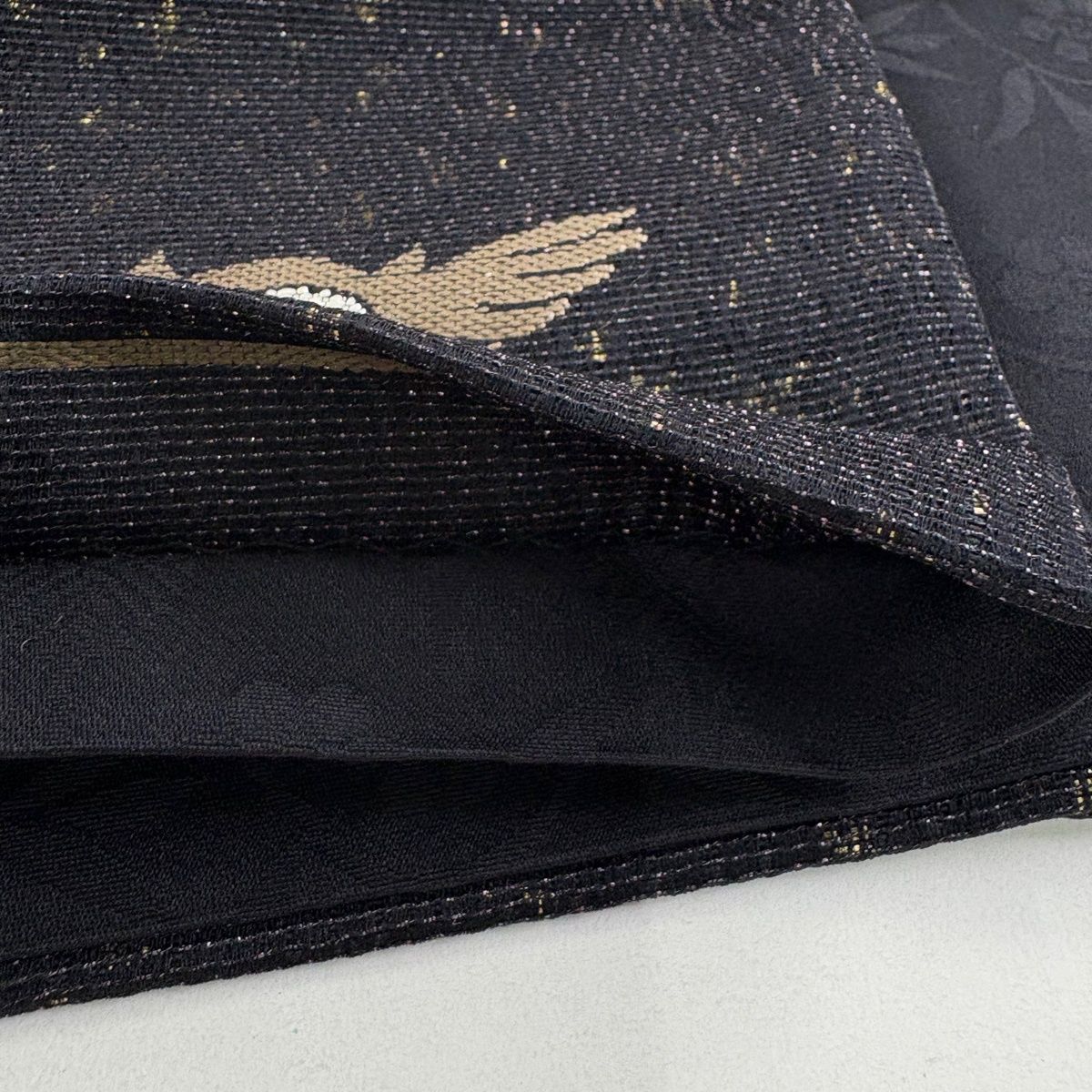 袋帯 ふくろう 葉 刺繍 箔 黒 六通 正絹 タートル タイトスカート