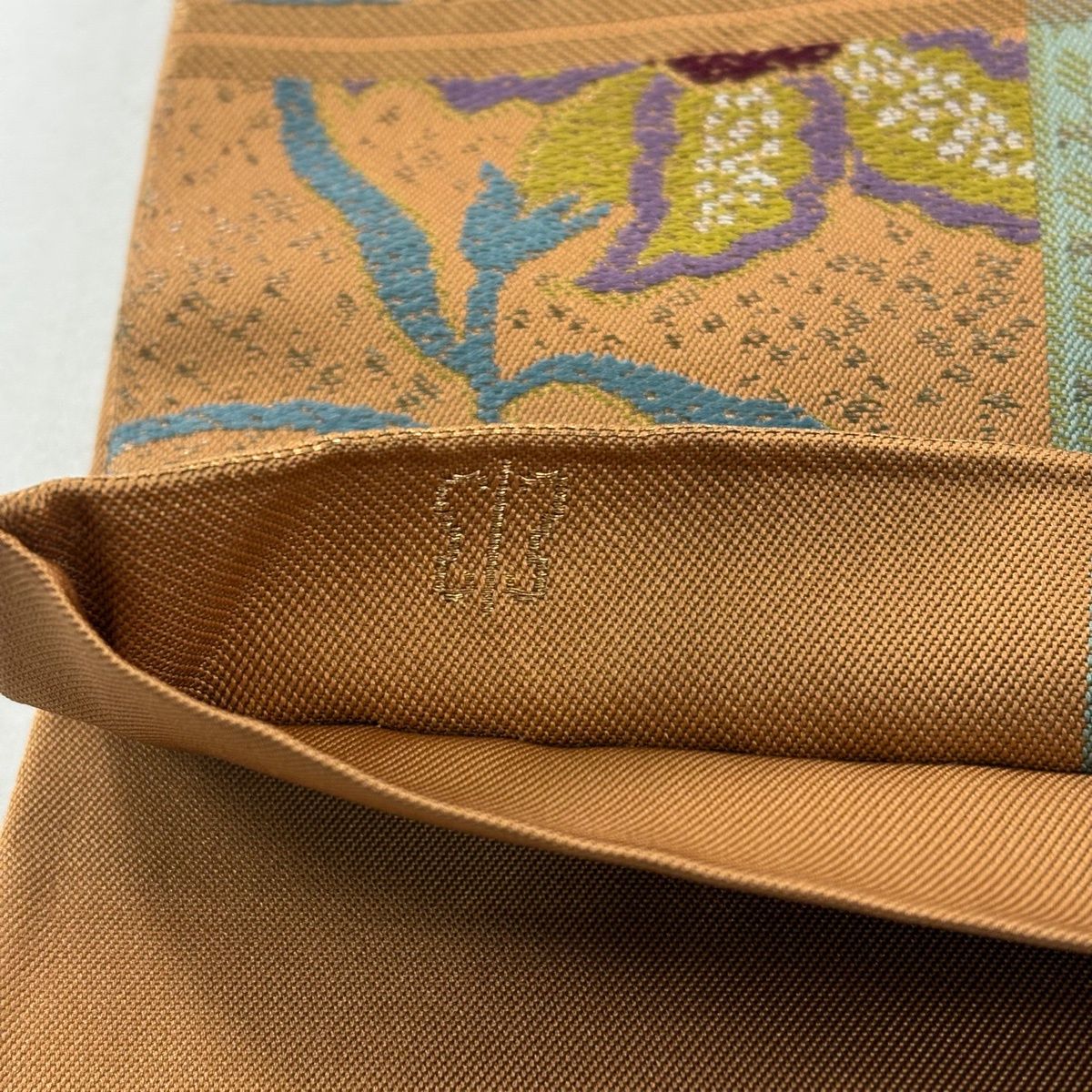  袋帯 川島織物 落款 関西仕立て 草花 刺繍 箔 赤茶 六通 正絹 袋帯 帯