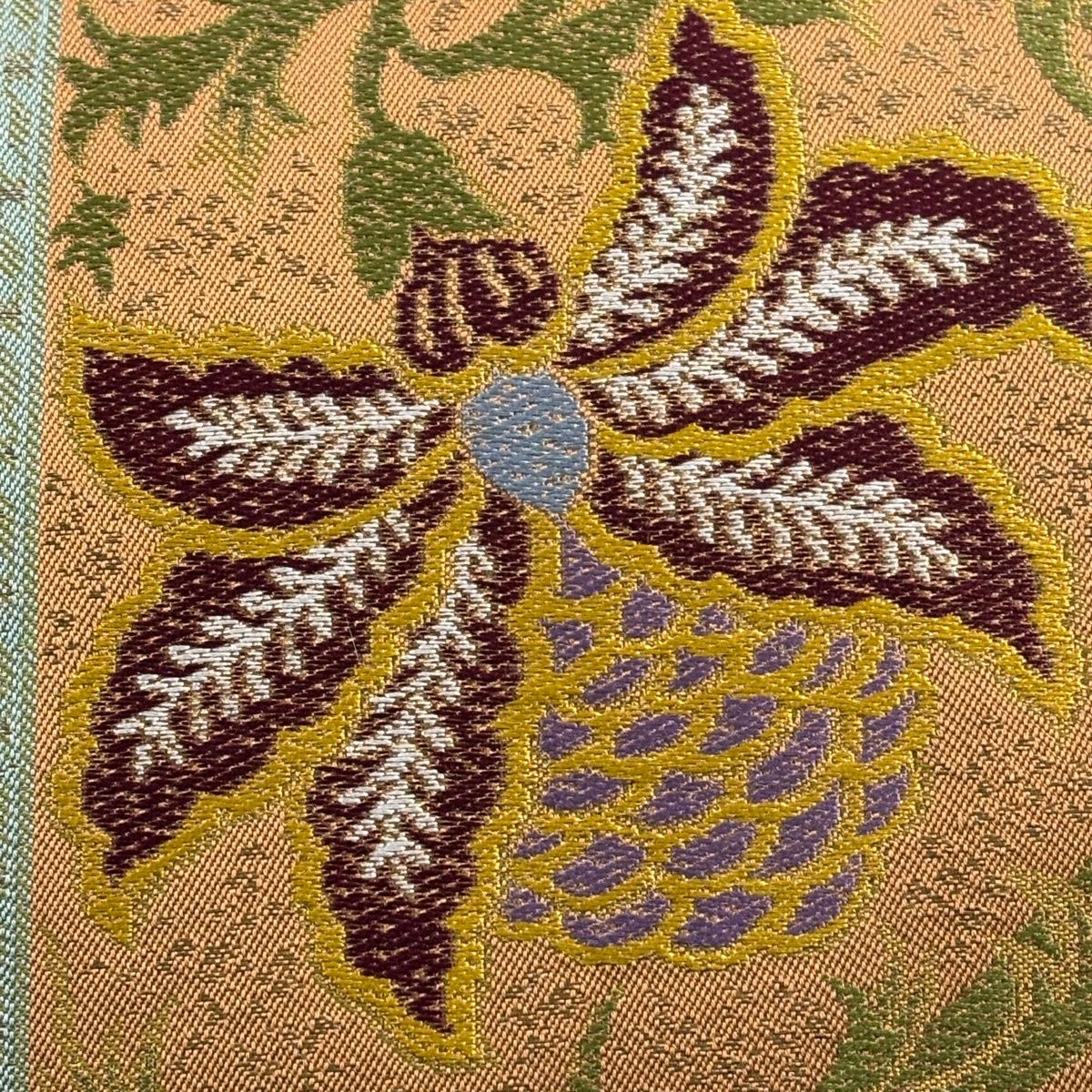 袋帯 川島織物 落款 関西仕立て 草花 刺繍 箔 赤茶 六通 正絹