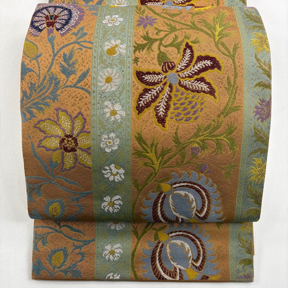 袋帯 川島織物 落款 関西仕立て 草花 刺繍 箔 赤茶 六通 正絹