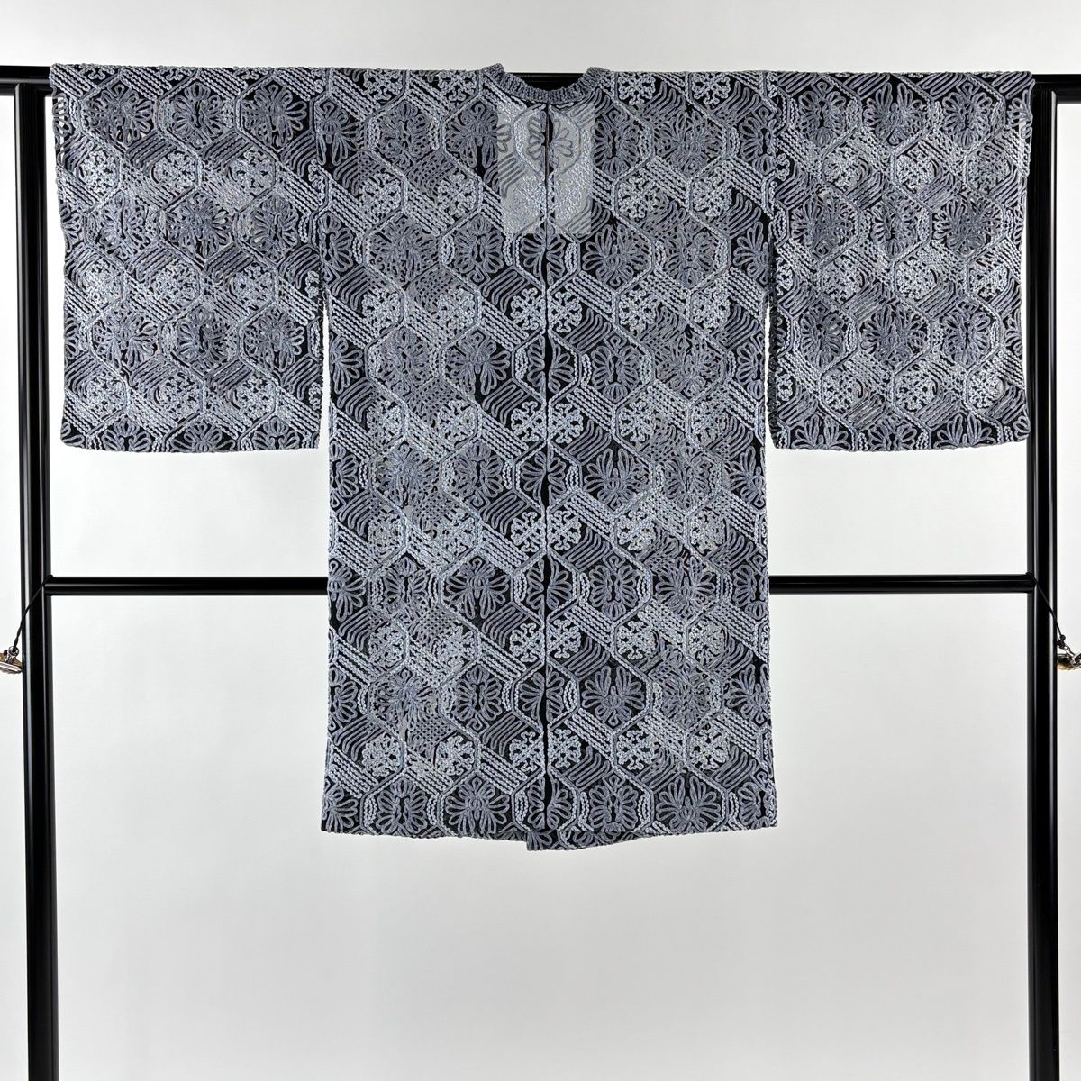 道行 身丈98 cm 裄丈65.5 M 和装コート 角衿 亀甲 花 青灰色 正絹