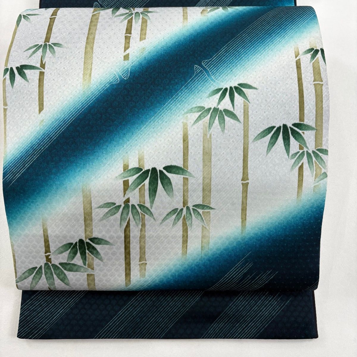 袋帯 名品 竹 斜縞 ぼかし 青緑 お太鼓柄 正絹