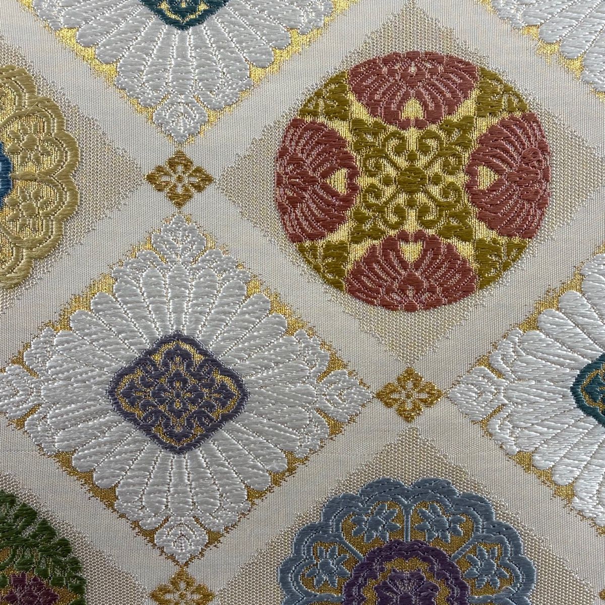 美品】 袋帯 名品 浮線綾文 花菱 金糸 箔 ベージュ 六通 正絹 【中古