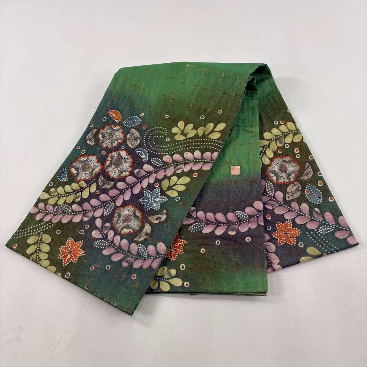 美品】 袋帯 名品 落款 辻が花 金糸 箔 緑 お太鼓柄 正絹 【中古