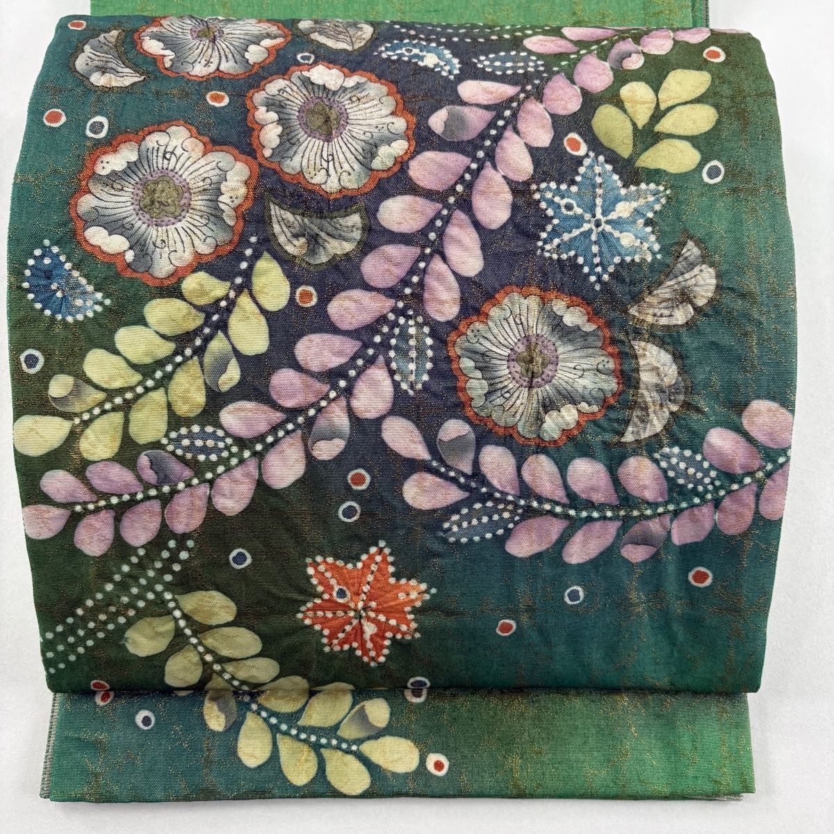 美品】 袋帯 名品 落款 辻が花 金糸 箔 緑 お太鼓柄 正絹 【中古