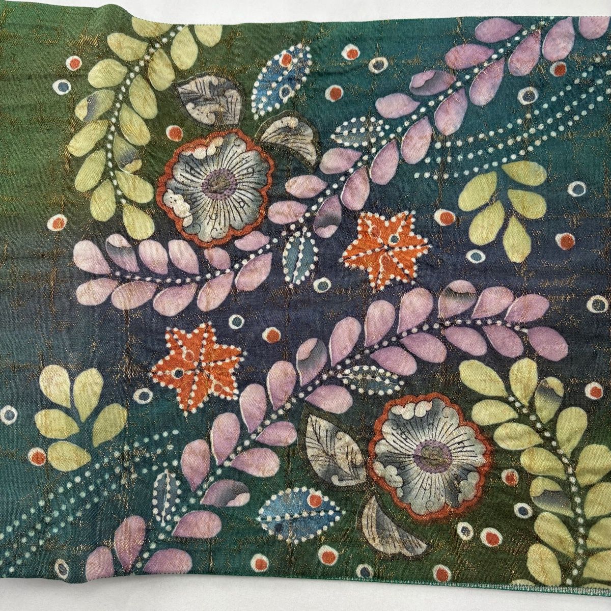 美品】 袋帯 名品 落款 辻が花 金糸 箔 緑 お太鼓柄 正絹 【中古