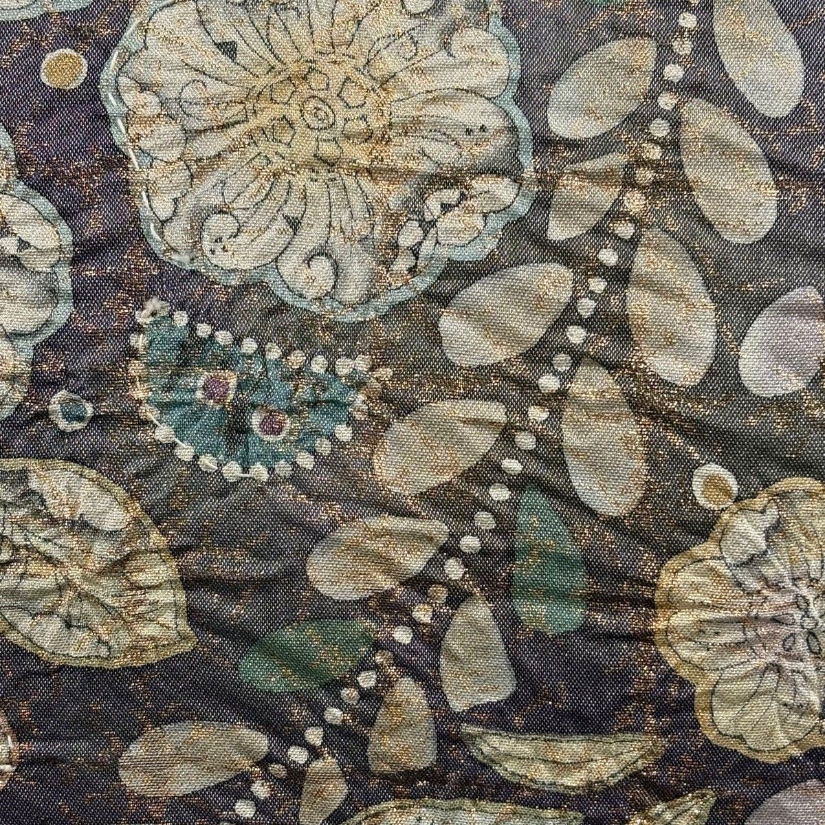 袋帯 名品 落款 辻が花 銀糸 箔 紫 お太鼓柄 正絹