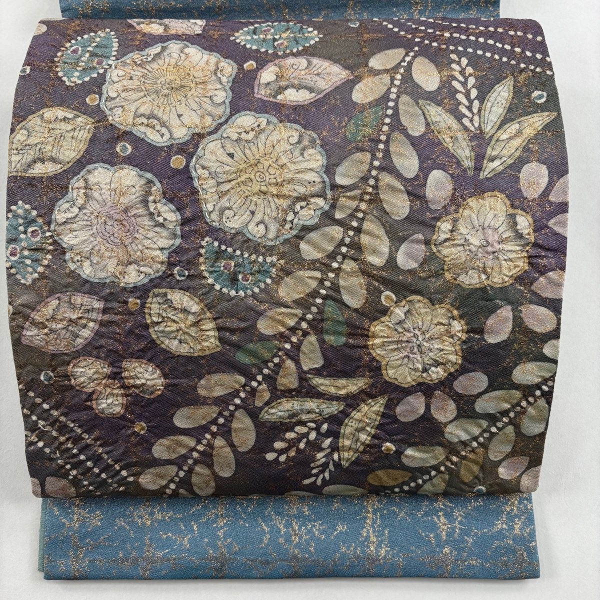 袋帯 名品 落款 辻が花 銀糸 箔 紫 お太鼓柄 正絹