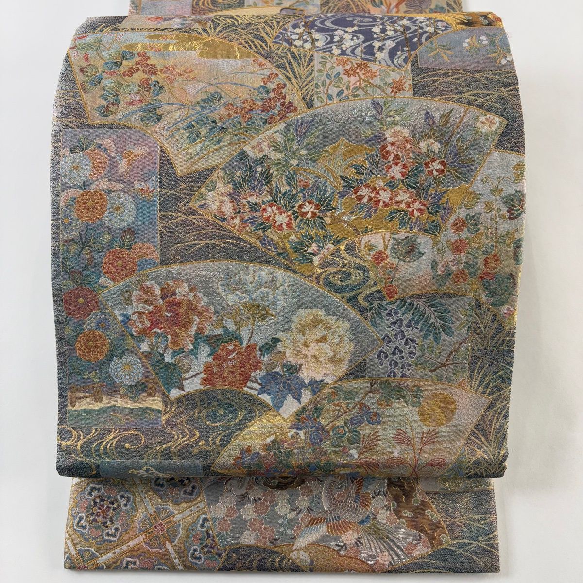 丸帯 名品 伝承 扇面 人物 箔 青灰色 全通 正絹