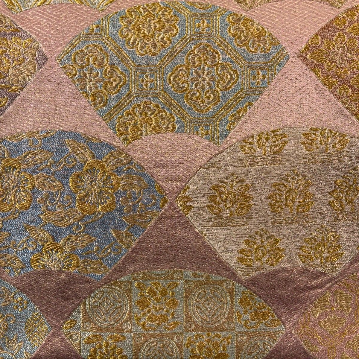 袋帯 名品 河村織物 落款 関西仕立て 扇面 草花 金糸 箔 薄ピンク 六通 正絹