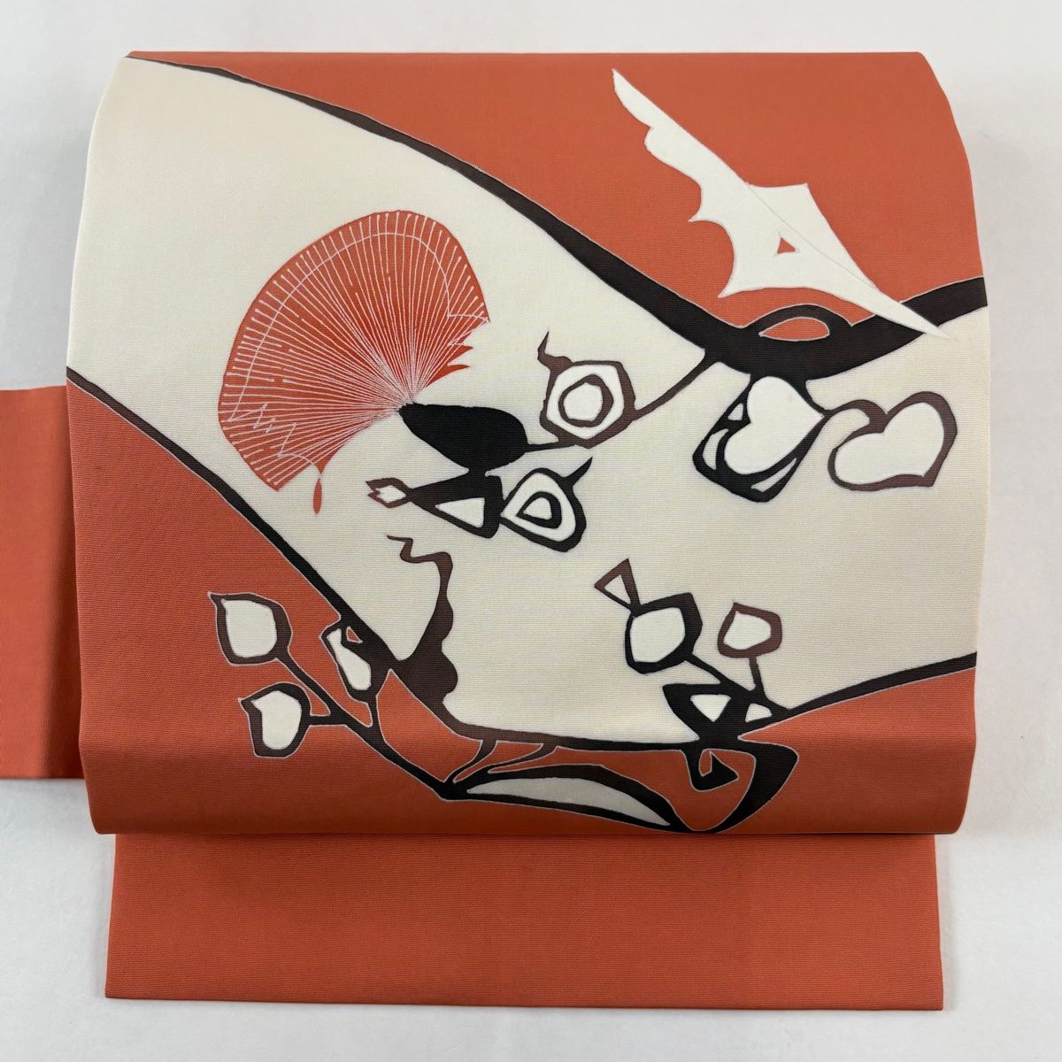 名古屋帯 名品 人間国宝 羽田登喜男 落款 幾何学 朱色 正絹