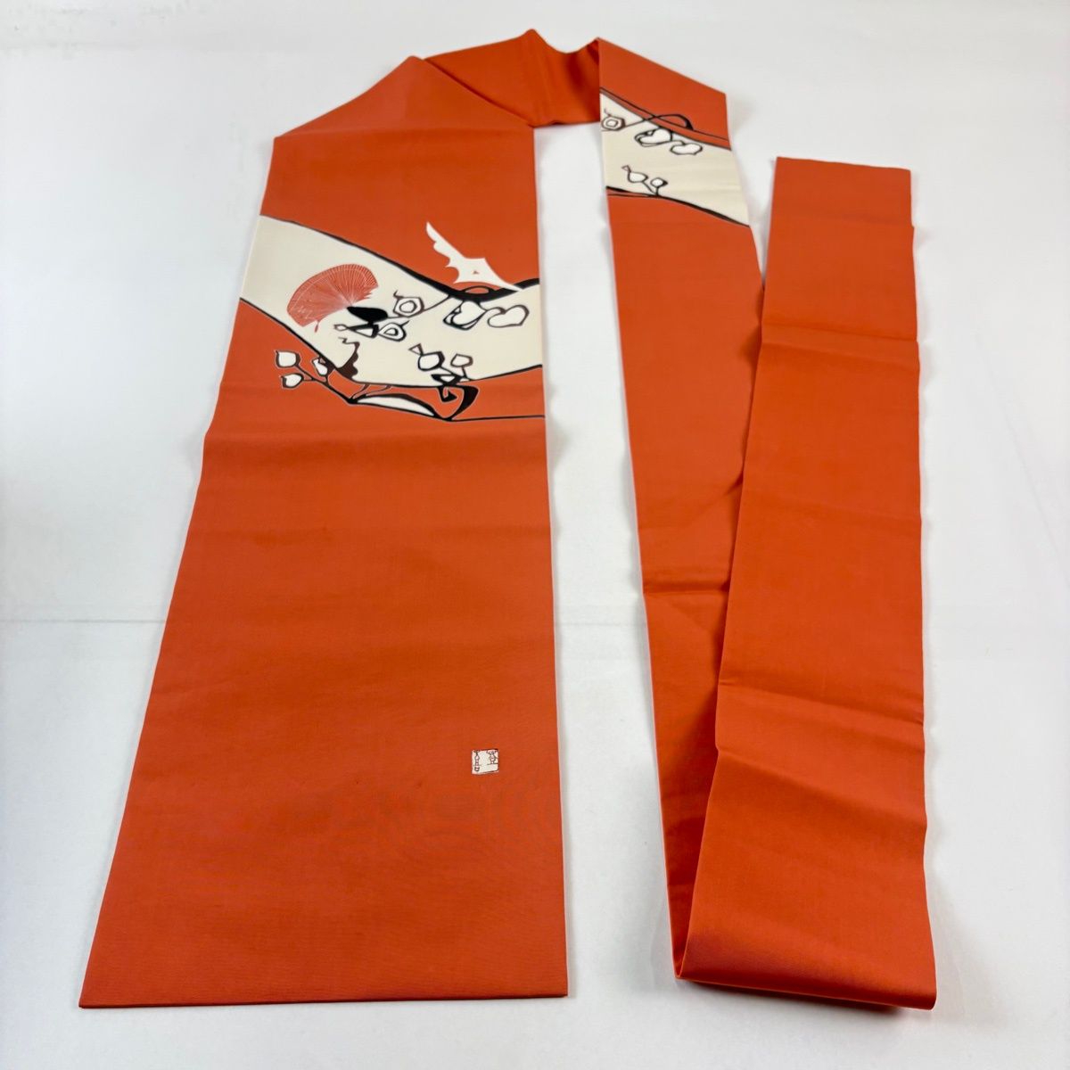 名古屋帯 名品 人間国宝 羽田登喜男 落款 幾何学 朱色 正絹 【中古