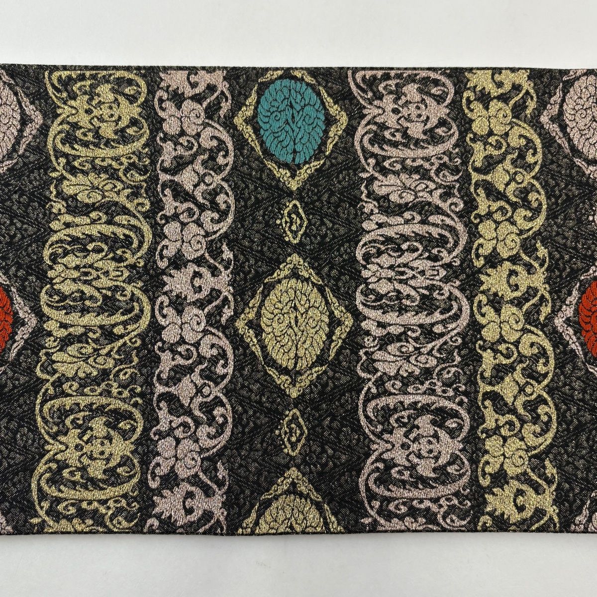 美品】 袋帯 名品 関西仕立て 花唐草 幾何学 箔 黒灰 六通 正絹 【中古