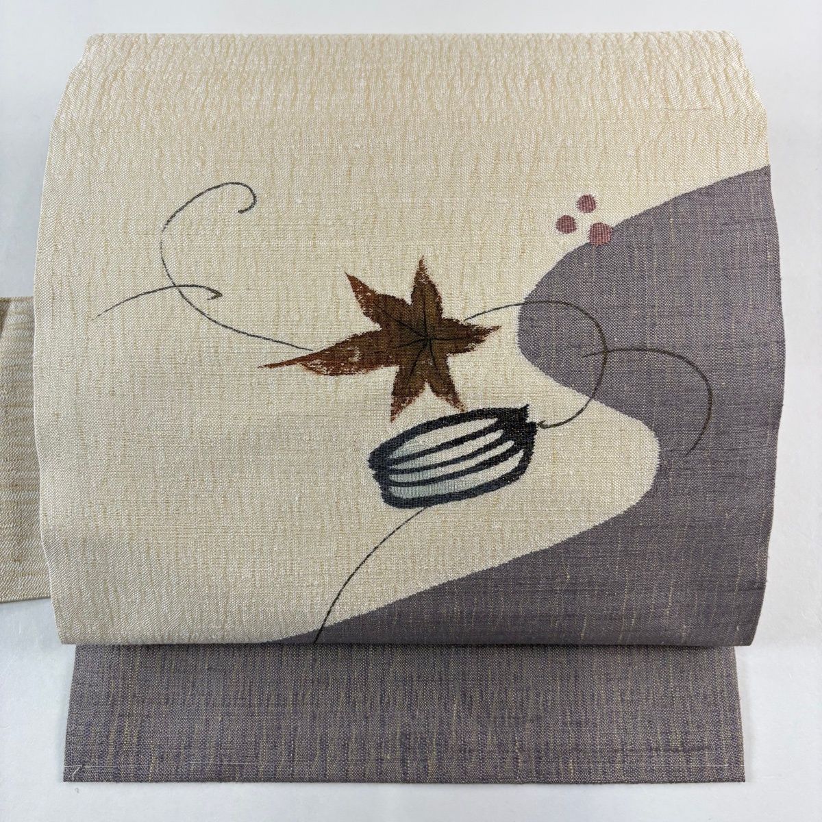 名古屋帯 名品 葉と実 金糸 クリーム 正絹