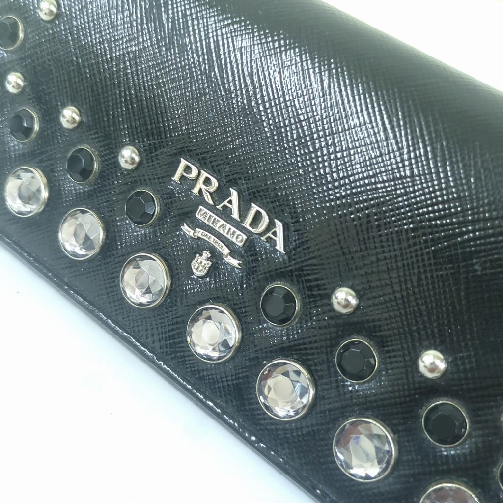  PRADA サフィアーノ ヴェルニーチェ ビジュースタッズ 長財布 エナメルレザー ブラック 長財布 小物