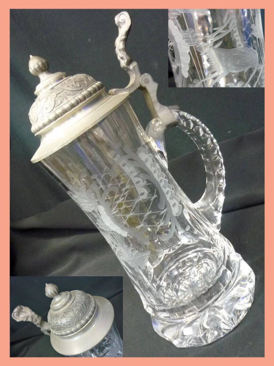 クリスタルガラス ピューター 蓋付 ビールジョッキ ビアジョッキ ガラス 工芸品 Glass Cristal ドイツ Dr.Markle? オブジェ 置物 必見
