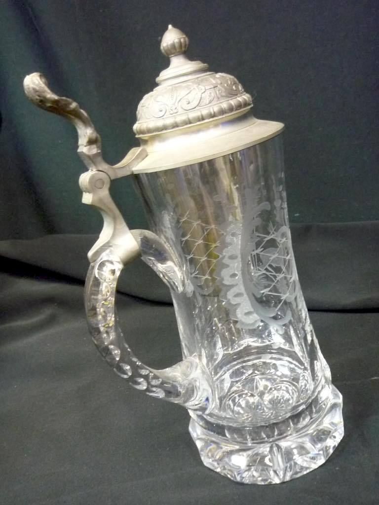 クリスタルガラス ピューター 蓋付 ビールジョッキ ビアジョッキ ガラス 工芸品 Glass Cristal ドイツ Dr.Markle? オブジェ 置物 必見