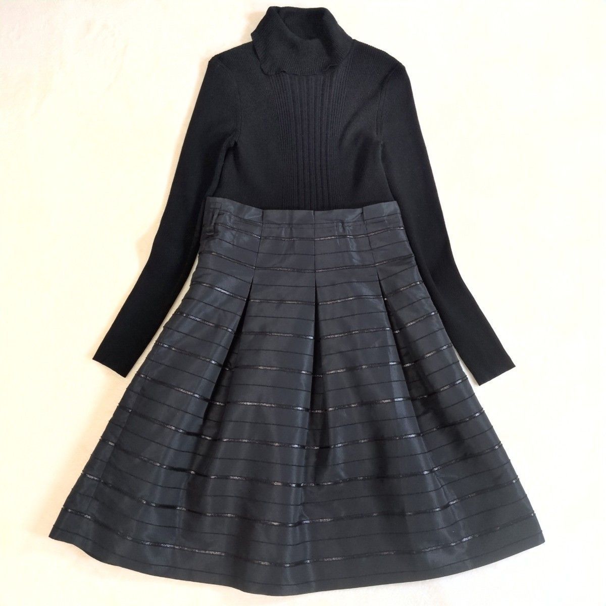 BLACK LABEL バーバリーブラックレーベル タートルネック 切り替えニットワンピース 黒 ブラック ロング フ Aライン 38