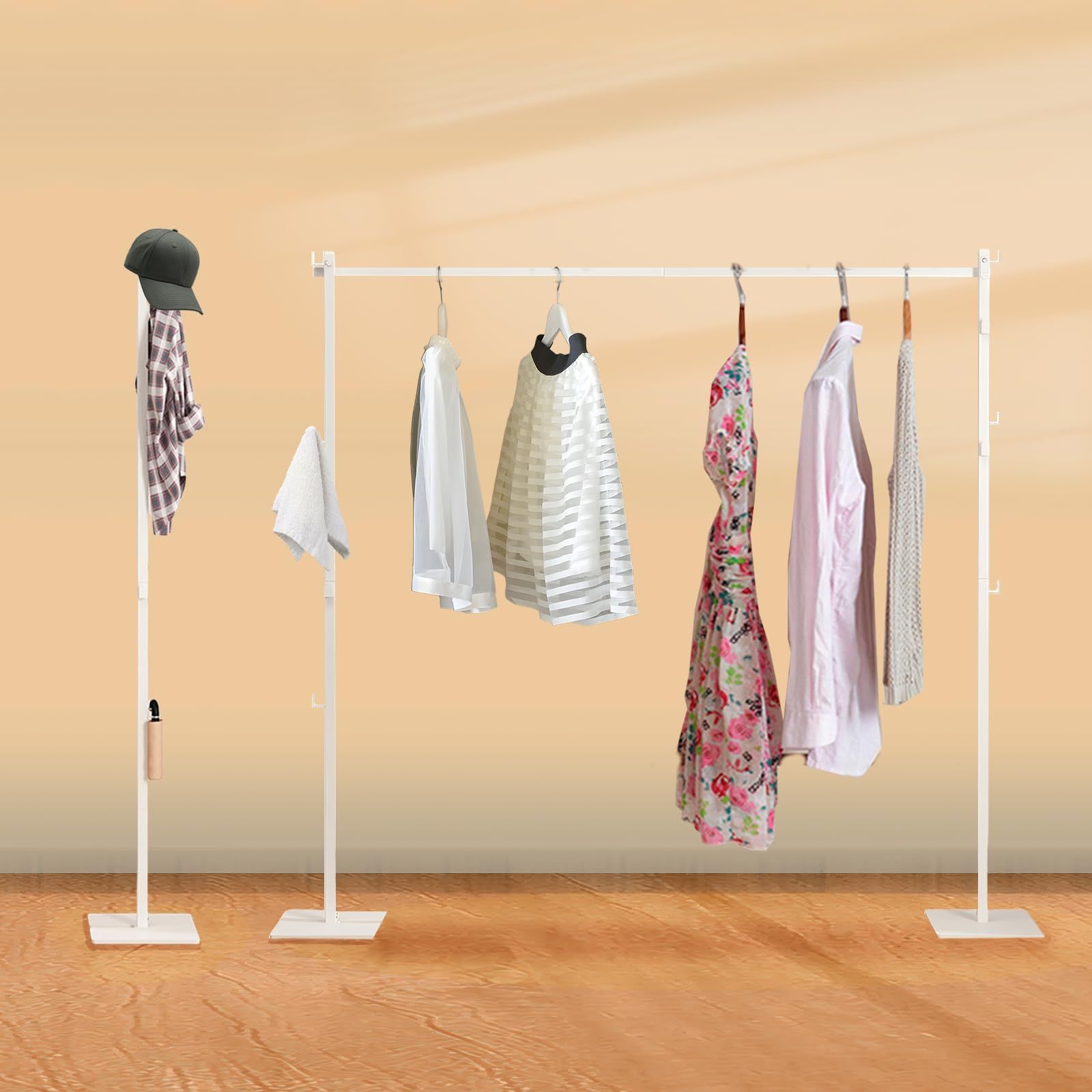 L型フック付き ホワイト 個 10 リビング対応 寝室 室内 組立簡単 安定性 耐荷重20 kg 布団干し 省スペース 大容量 コンパクト収納 クロスハンガー 簡単収納 部屋干し 物干しスタンド 折りたたみ 洗濯物干し 伸縮式 幅173 cm×奥行き25 cm×高