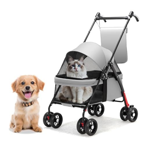 GHDOVP ペットカート 小型犬 中型犬 猫 キャリーカート 4輪カート 軽量 前輪360°回転 後輪ブレーキ付き 飛び出し防止 組み立て簡単 折りたたみ ペットバギー 老犬介護用 多頭用 収納バッグ付き 通気 コンパクト お出