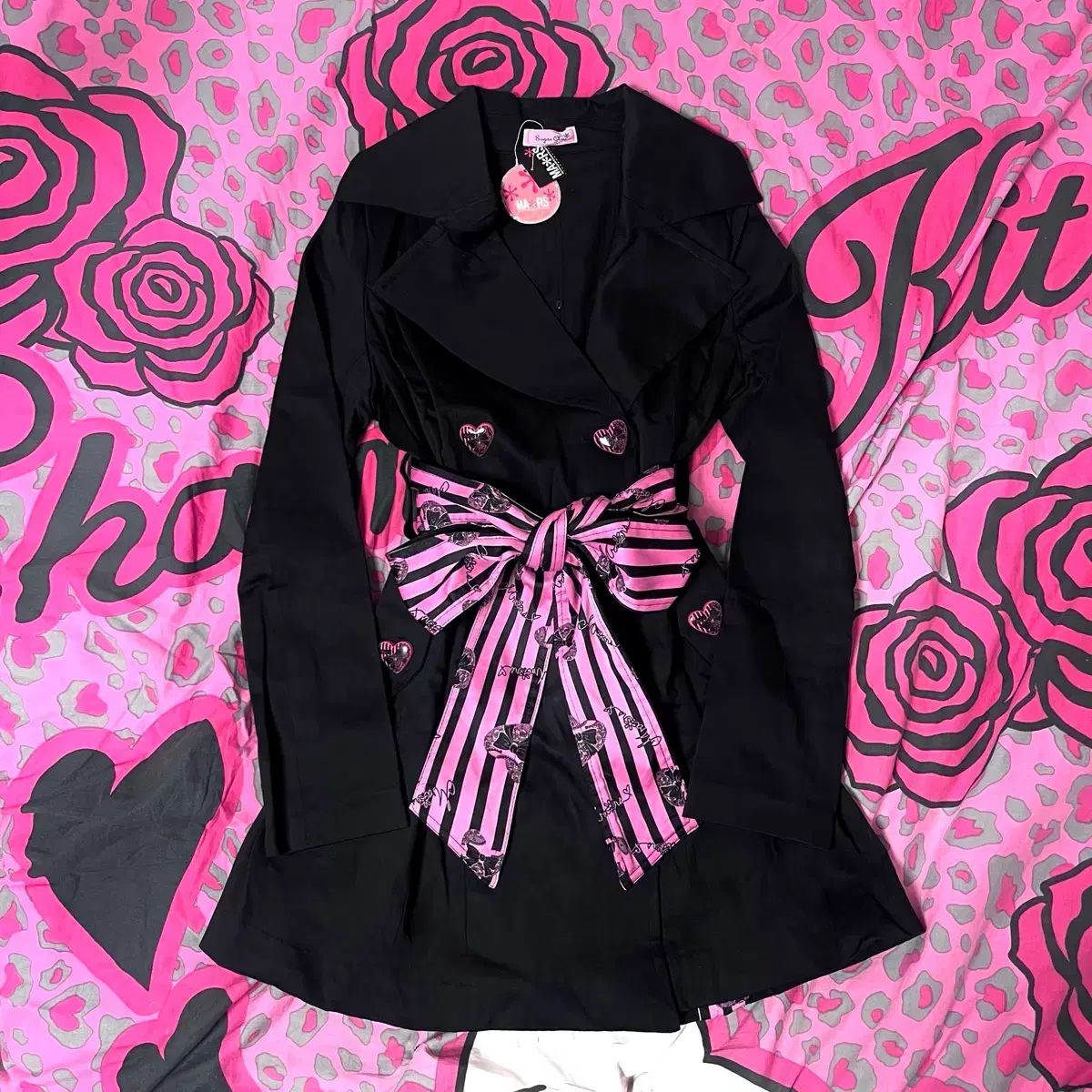 MA＊RS リボン ベルト付き コート 黒 ブラック ピンク ボタン MA＊RS リボン ベルト付き コート 黒 ブラック ピンク ボタン MA＊RS