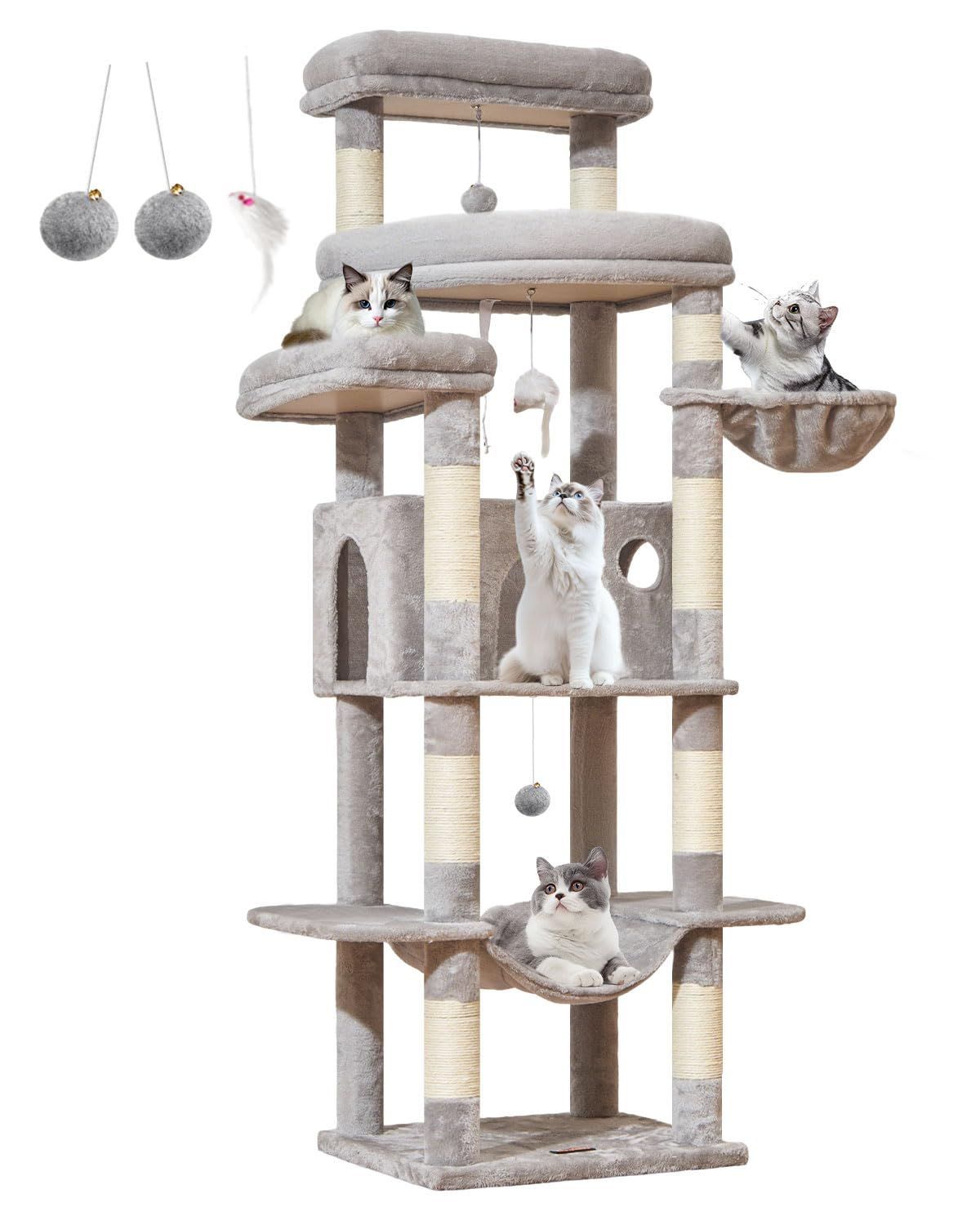 Taoqimiao キャットタワー 高さ180 cm 大型猫用 多頭飼い 多段猫タワー 3つの広めの猫ハウス 9本の爪とぎ柱 豪華な猫ハンモック バスケット付 MS 034 W ライトグレー