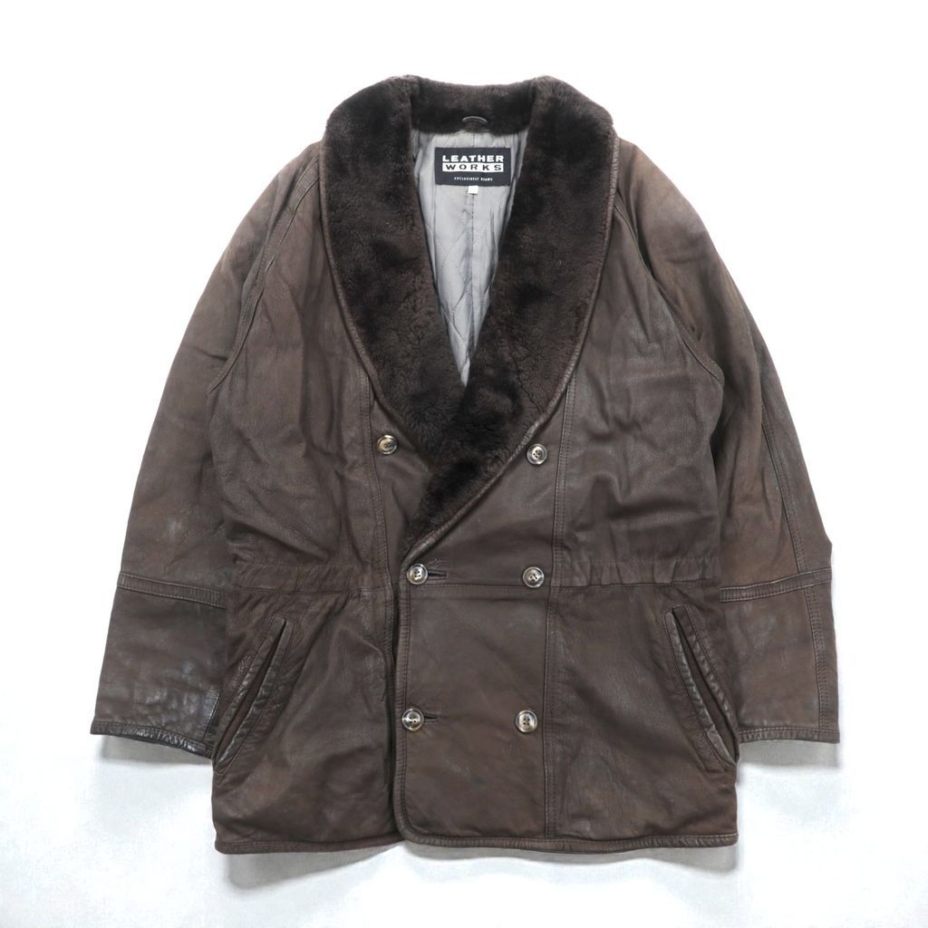 BEAMS 90年代 ショールカラー ダブルブレスト ムートンコート M ブラウン レザー キルティング裏地 LEATHER WORKS EXCLUSIVELY