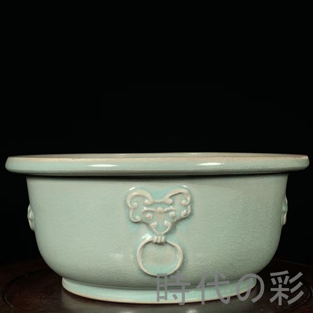 宋時代 汝窯風 官字款 龍文 獣頭洗 中国古美術 文房置物 書道具 唐物磁器 古玩 骨董品 旧家蔵出 茶道香席