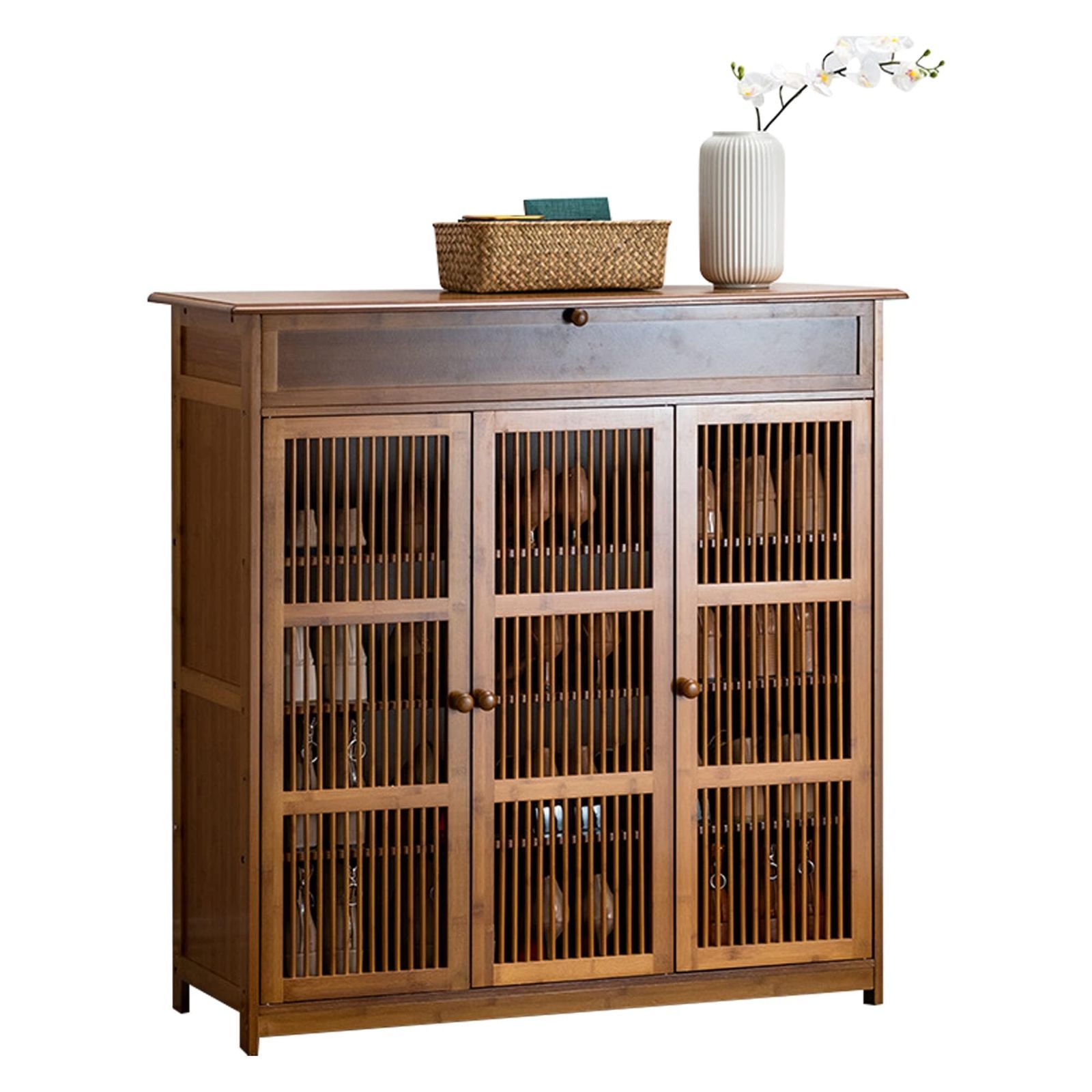 ルーバーシューズボックス 靴箱 幅100 cm 大容量 天然竹製 木製家具 引き出し 扉付き 下駄箱 玄関収納 スリム 薄型 省スペース 4段 シューズボックス 靴 収納 消臭 シューズラック 靴棚 Yumcute 靴置き靴収納ラック 通気性 ルーバー式 3扉タ