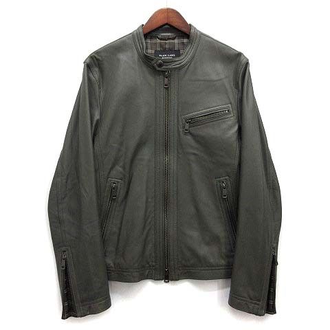 バーバリーブラックレーベル BURBERRY BLACK LABEL ラムレザー シングル ライダース ジャケット 裏地チェック モスグリーン L