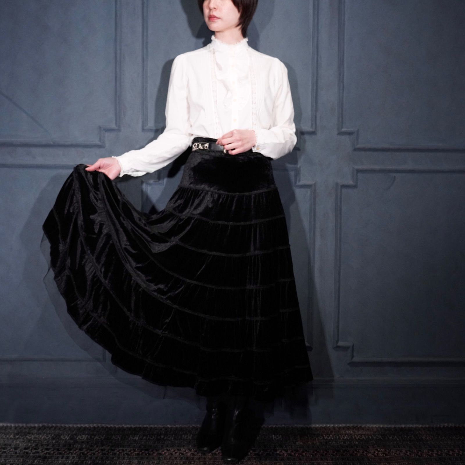 EU VINTAGE TULE DESIGN VELOUR LONG SKIRT|ヨーロッパ古着チュールデザインベロアロングスカート