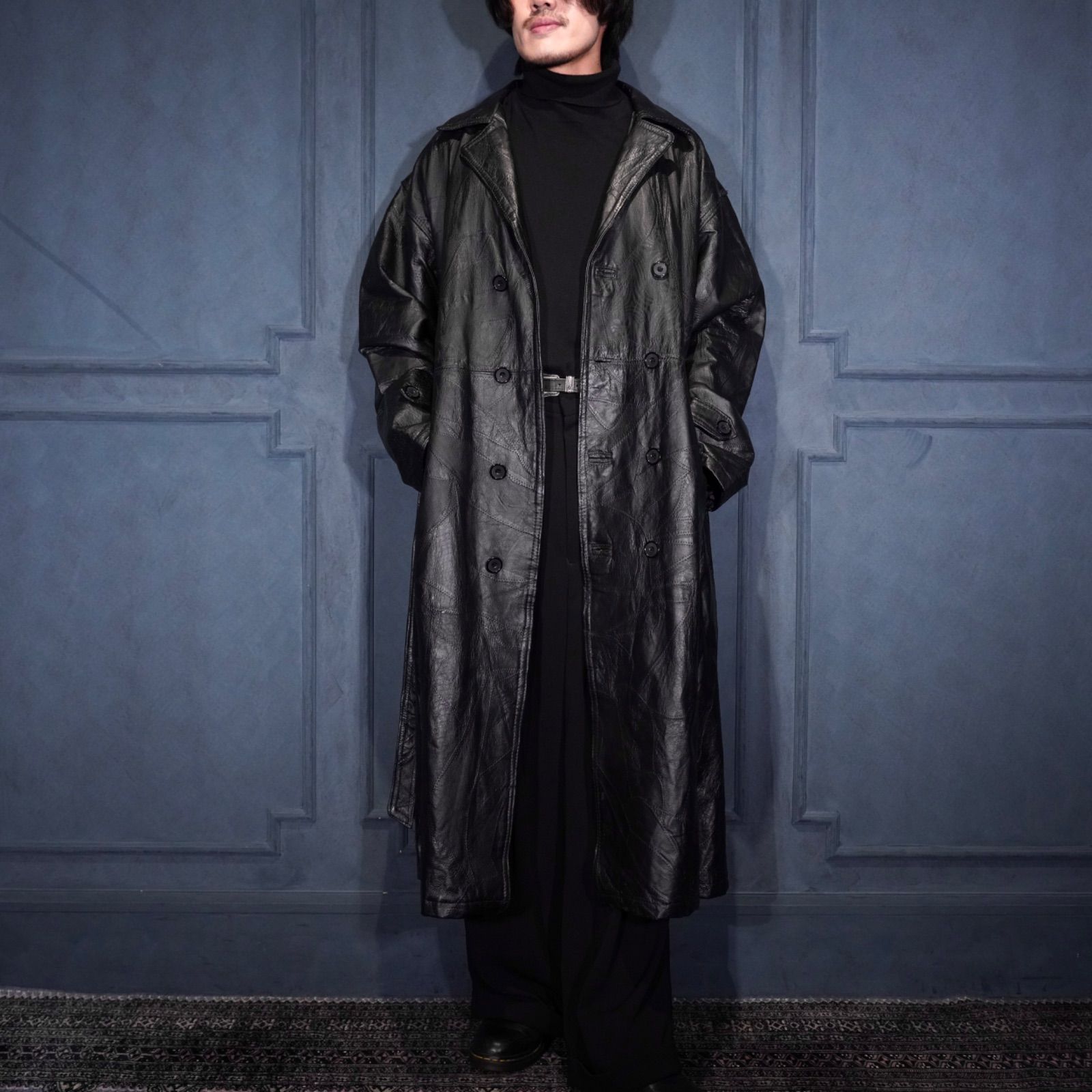 USA VINTAGE EMBROIDERY PATCHWORK DESIGN BELTED LEATHER TRENCH COAT|アメリカ古着刺繍パッチワークデザインベルテッドトレンチコート