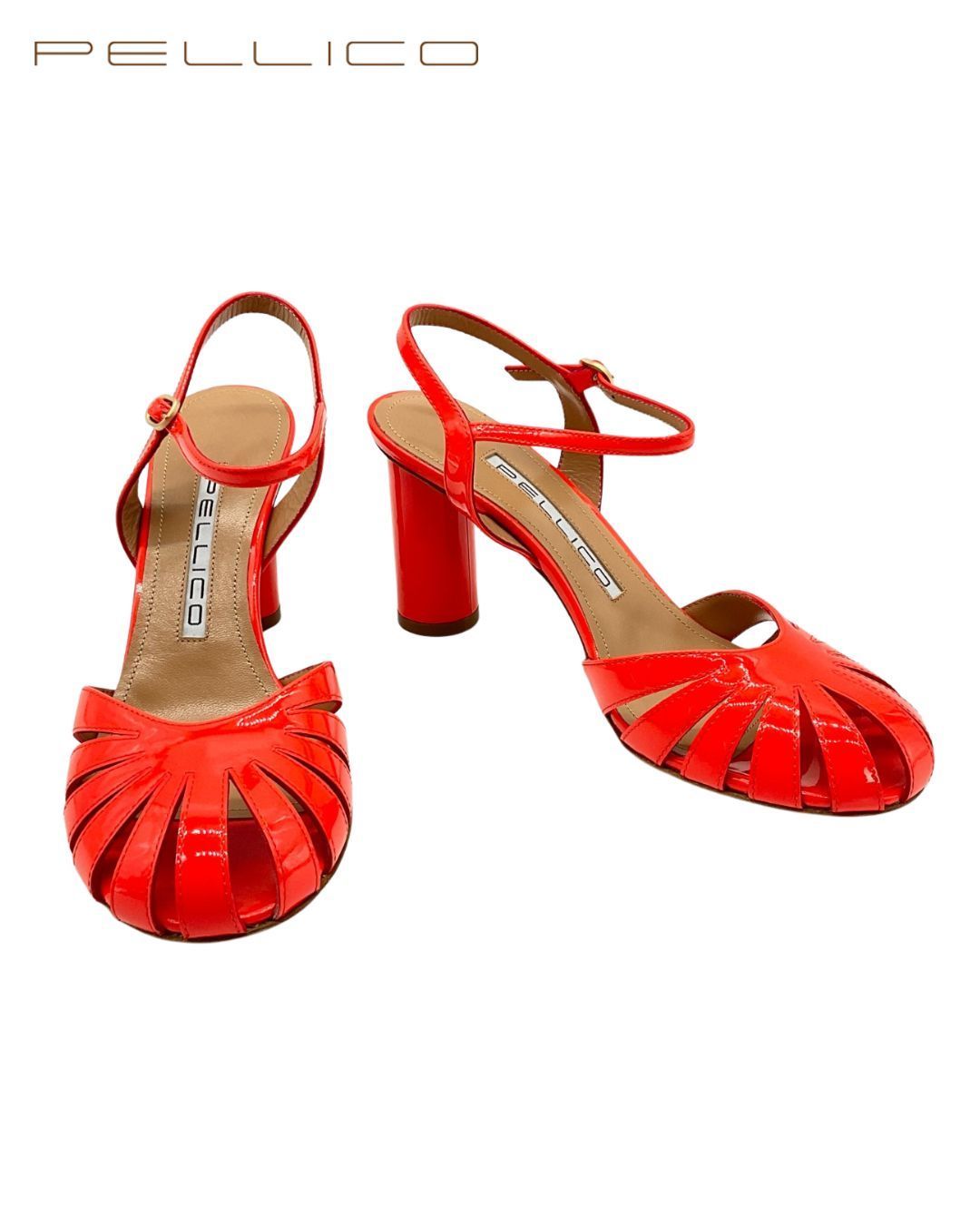 ♥ PELLICO ペリーコ アンクルホルダーオープントゥパテントヒールサンダル ミュール 38 MANDARIN|オレンジ げ交渉