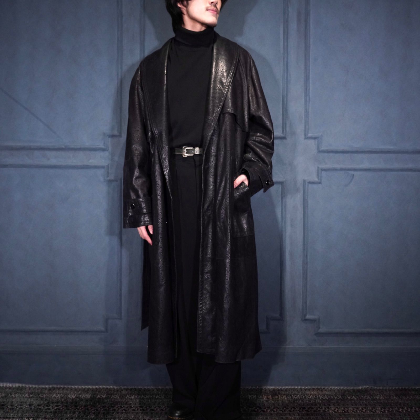 USA VINTAGE EMBOSSED DESIGN BELTED LEATHER TRENCH COAT|アメリカ古着エンボスデザインベルテッドトレンチコート