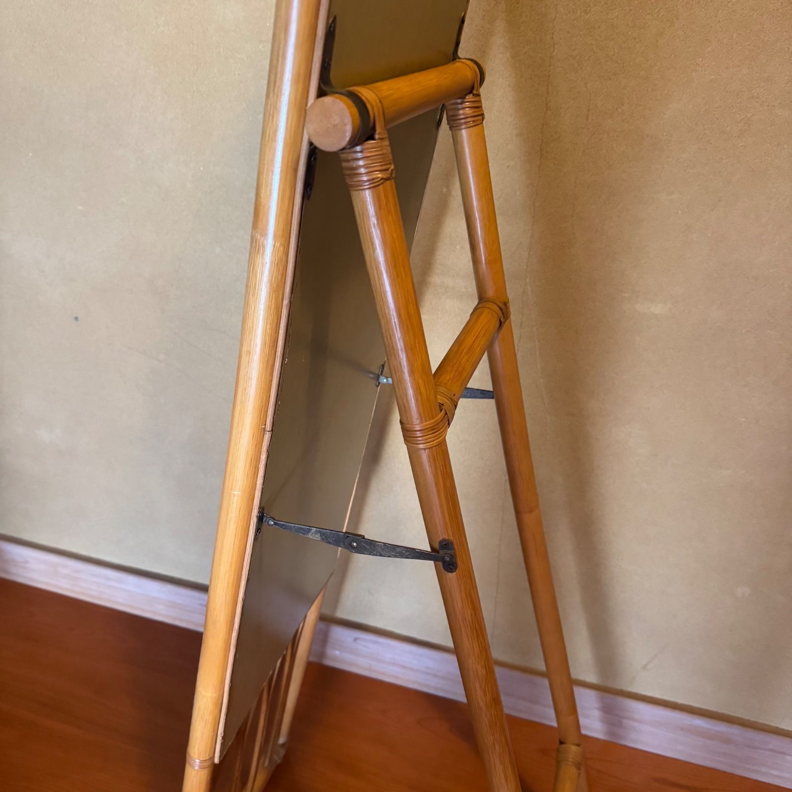 天然素材 ラタン スタンドミラー 姿見 鏡 全身鏡 籐家具 昭和レトロ