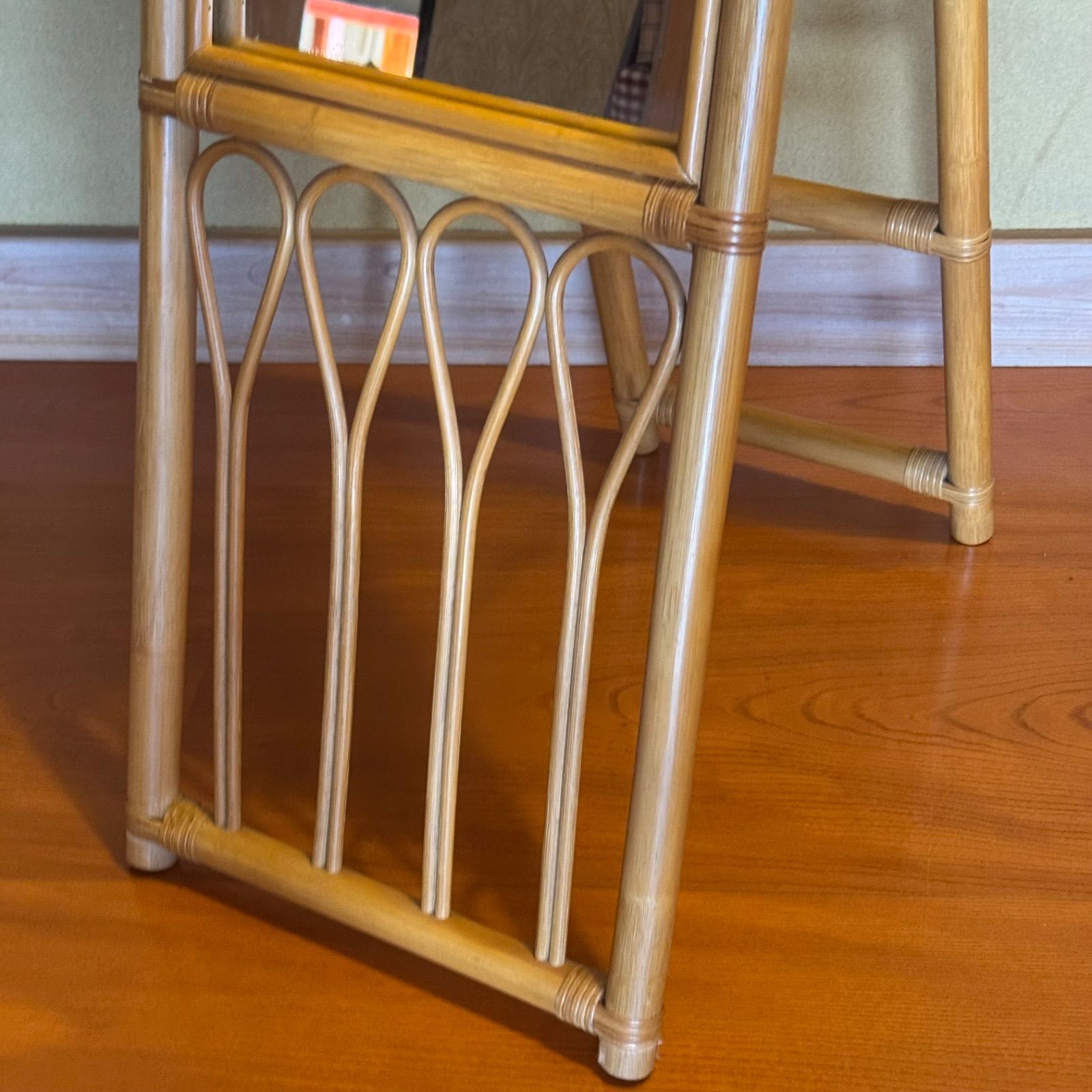 天然素材 ラタン スタンドミラー 姿見 鏡 全身鏡 籐家具 昭和レトロ