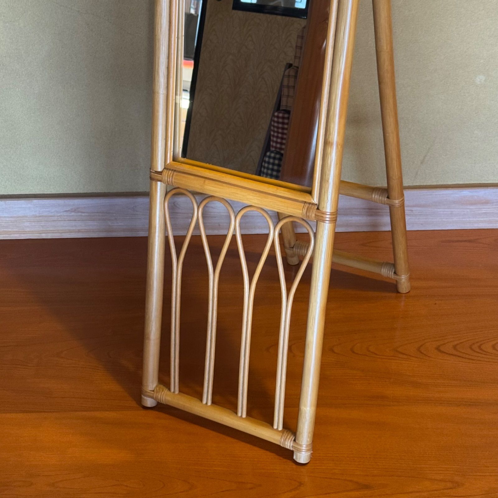 天然素材 ラタン スタンドミラー 姿見 鏡 全身鏡 籐家具 昭和レトロ