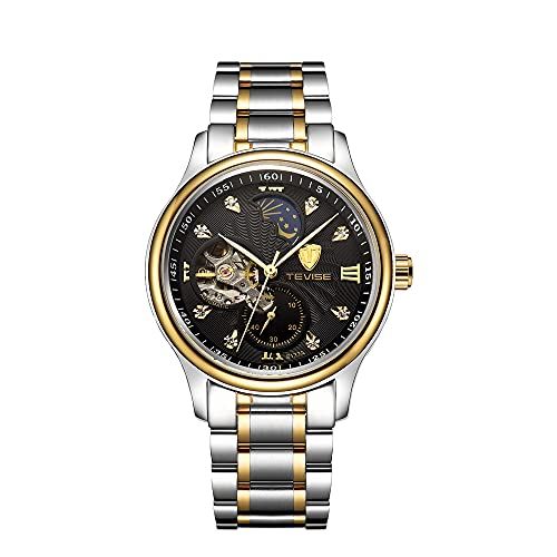 ムーンフェイズ 自動巻き 腕時計 クロノグラフ 1分計 シースルー ジュエリーインデックス スケルトン メンズウォッチ メンズ腕時計 ステンレスベルト アレルギーフリー 金属アレルギー対応 かっこいい ブラック ゴールド J