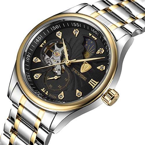 ムーンフェイズ 自動巻き 腕時計 クロノグラフ 1分計 シースルー ジュエリーインデックス スケルトン メンズウォッチ メンズ腕時計 ステンレスベルト アレルギーフリー 金属アレルギー対応 かっこいい ブラック ゴールド J