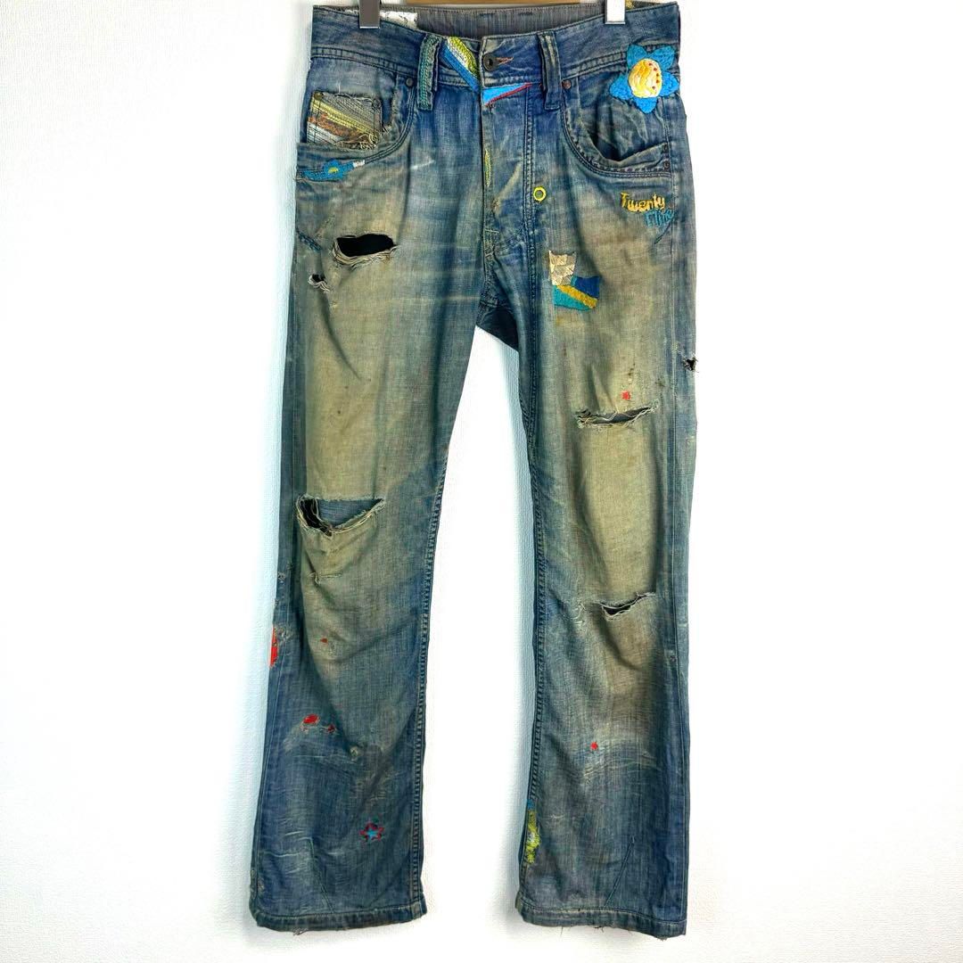 00 s DIESEL ディーゼル ダメージデニム チェック柄 ブルー レディース 古着 Y 2 K グランジ アメカジ ストリート