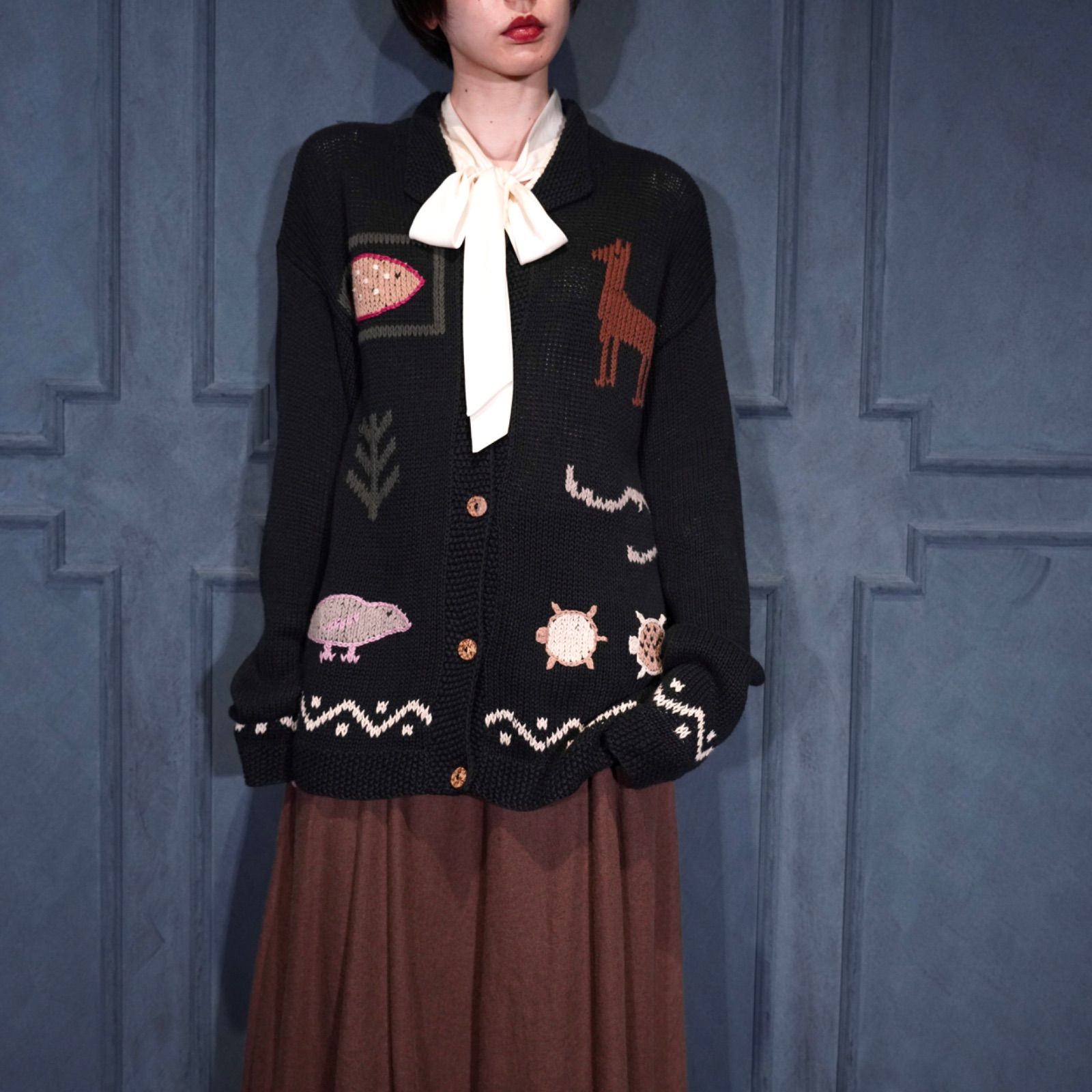 USA VINTAGE CASUAL CORNER ANNEX ANIMAL DESIGN COTTON RAMIE KNIT CARDIGAN|アメリカ古着アニマルデザインコットンラミーニットカーディガン