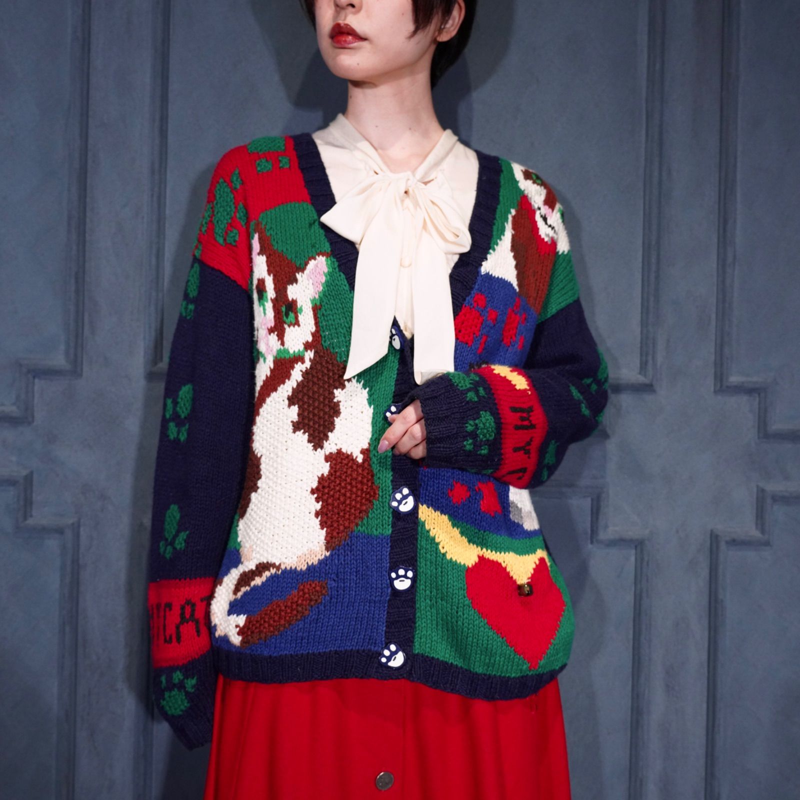 USA VINTAGE ALEXANdRA BARILETT for the eagle s eye CAT DESIGN COTTON RAMIE HAND KNIT CARDIGAN|アメリカ古着にゃんこデザインコットンラミーハンドニットカーディガン