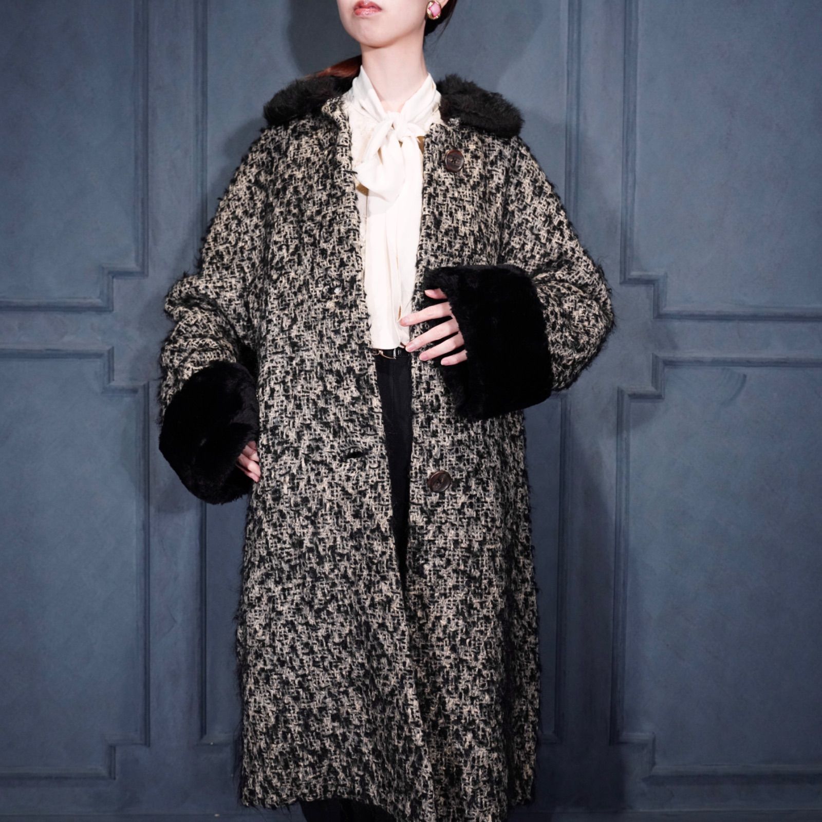 60's〜 USA VINTAGE FUR COLLAR TWEED WOOL COAT/60年代アメリカ古着