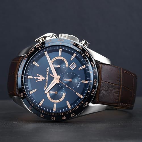 マセラティ 石英時計 腕時計 男性用 メンズ Traguardo 45 mm 10 ATM防水 ブラウンレザー クロノグラフ 日本ムーブメント 2年保証 J