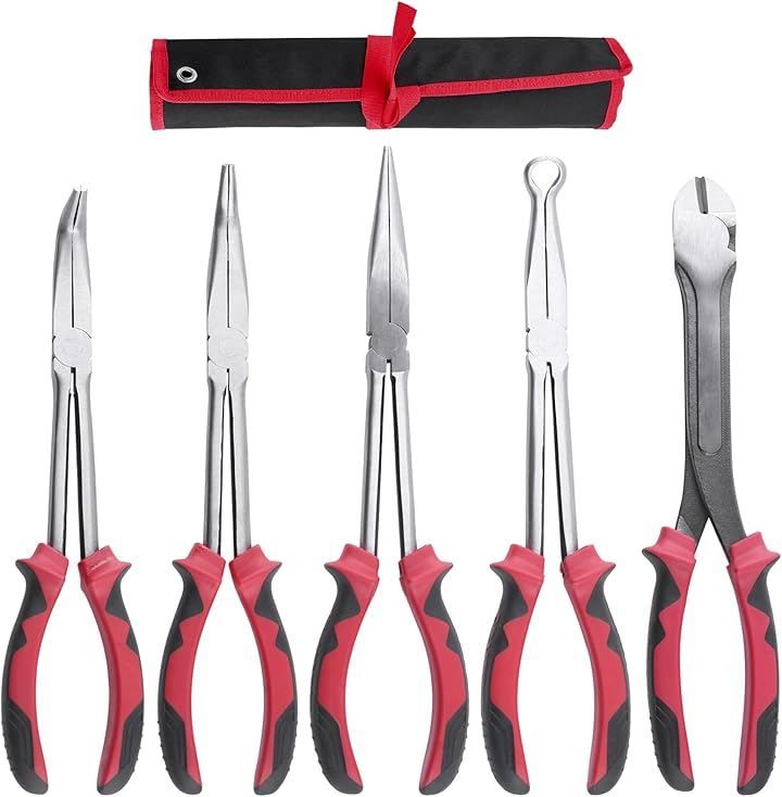 LEONTOOL 11インチ ロングノーズプライヤー ペンチ セット 5本セット エクストラロングリーチプライヤーセット ラジオペンチ ロングプライヤー 先曲がり 45度 90度 ストレート O型 (レッド ブラック, 350mm)