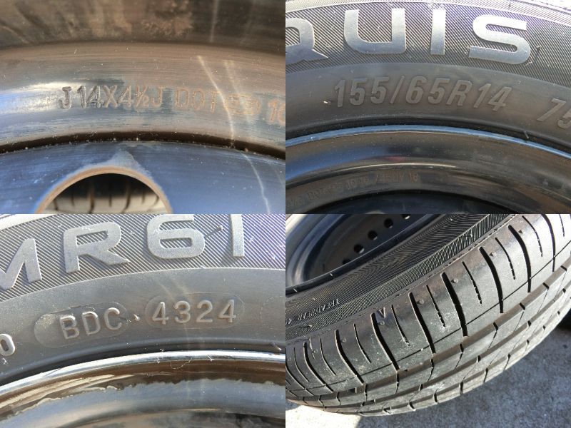  919 14インチ スチールホイール .5 J PCD 100 ハブ径 約54 mm 4穴 4本セット MARQUIS 155|65 R 14 2025年製 ダイハツ タント 14インチ タイヤ ホイールセット