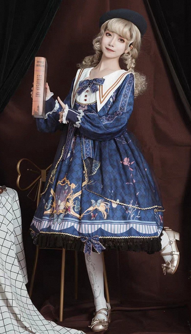 ロリータ クラシカル Lolita ワンピース 蝶柄 リボン OP マリン風 セーラーカラー 紺色 ネイビー 黒 ブラック ロングスリーブ クラシック 宮廷風 プリント ロリィタ ドレス ゆったり 大きめサイズ 界隈